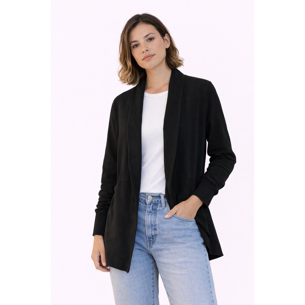 Eddie Bauer Cardigan Women XS Black Open‎ Front Ribbed Cuff Athleisure Sweater